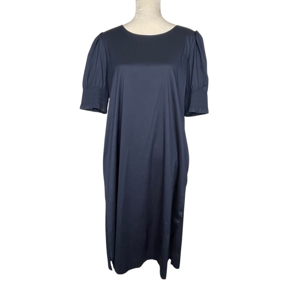 Chico’s Smocked Puff Sleeves Midi Dress Women’s Size 1 US 8-10 Navy Pockets